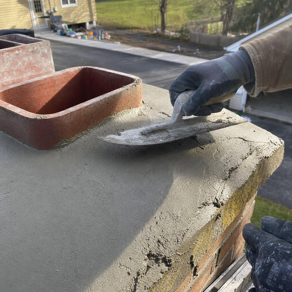 Professional technician applying mortar to a new chimney crown repair in Hamlin, NY