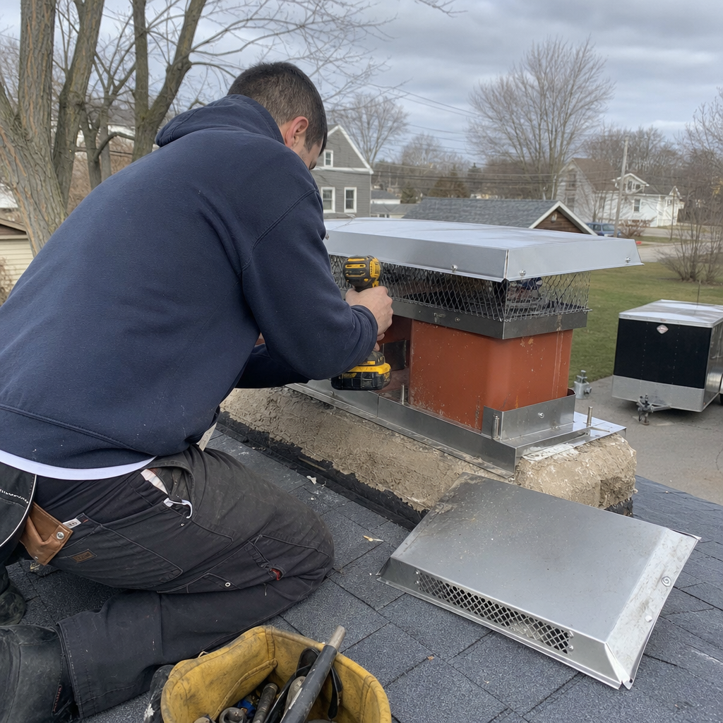 Technician installing a stainless steel chimney cap on a residential roof in Greece, NY