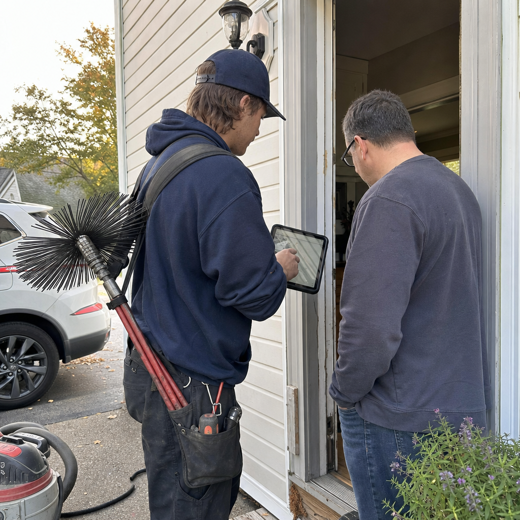 Chimney sweep technician reviewing service details on a tablet with homeowner in Rochester, NY