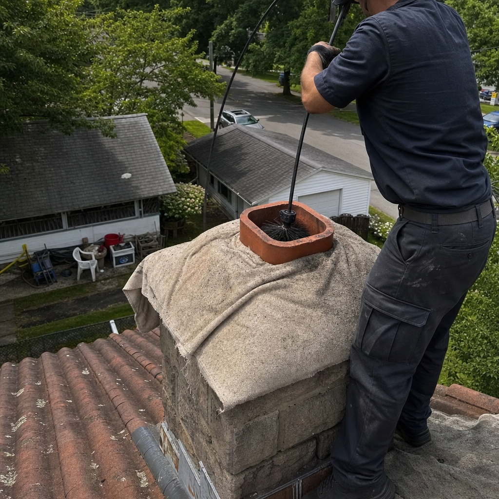 Professional chimney sweep cleaning a residential stone chimney on a roof in Hamlin, NY