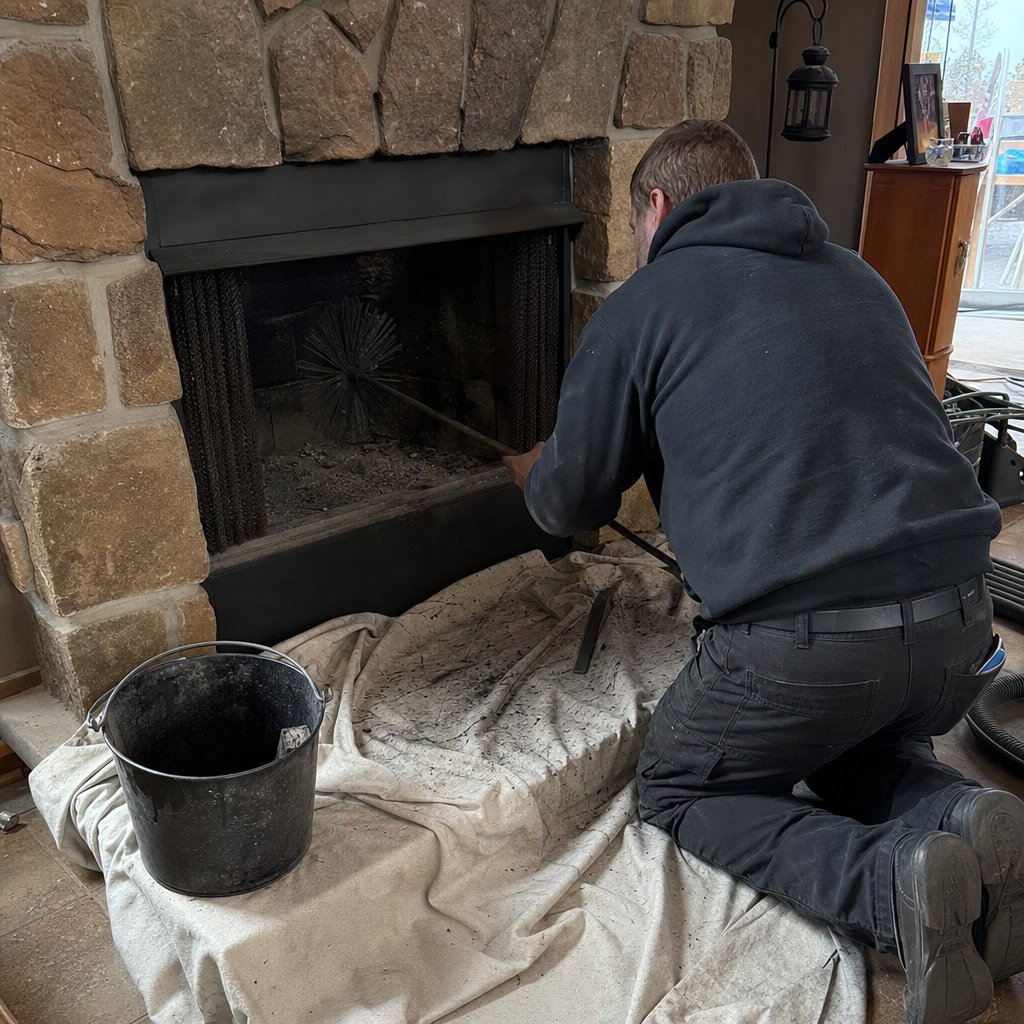 Professional chimney sweep cleaning fireplace interior with a brush in Hamlin, NY