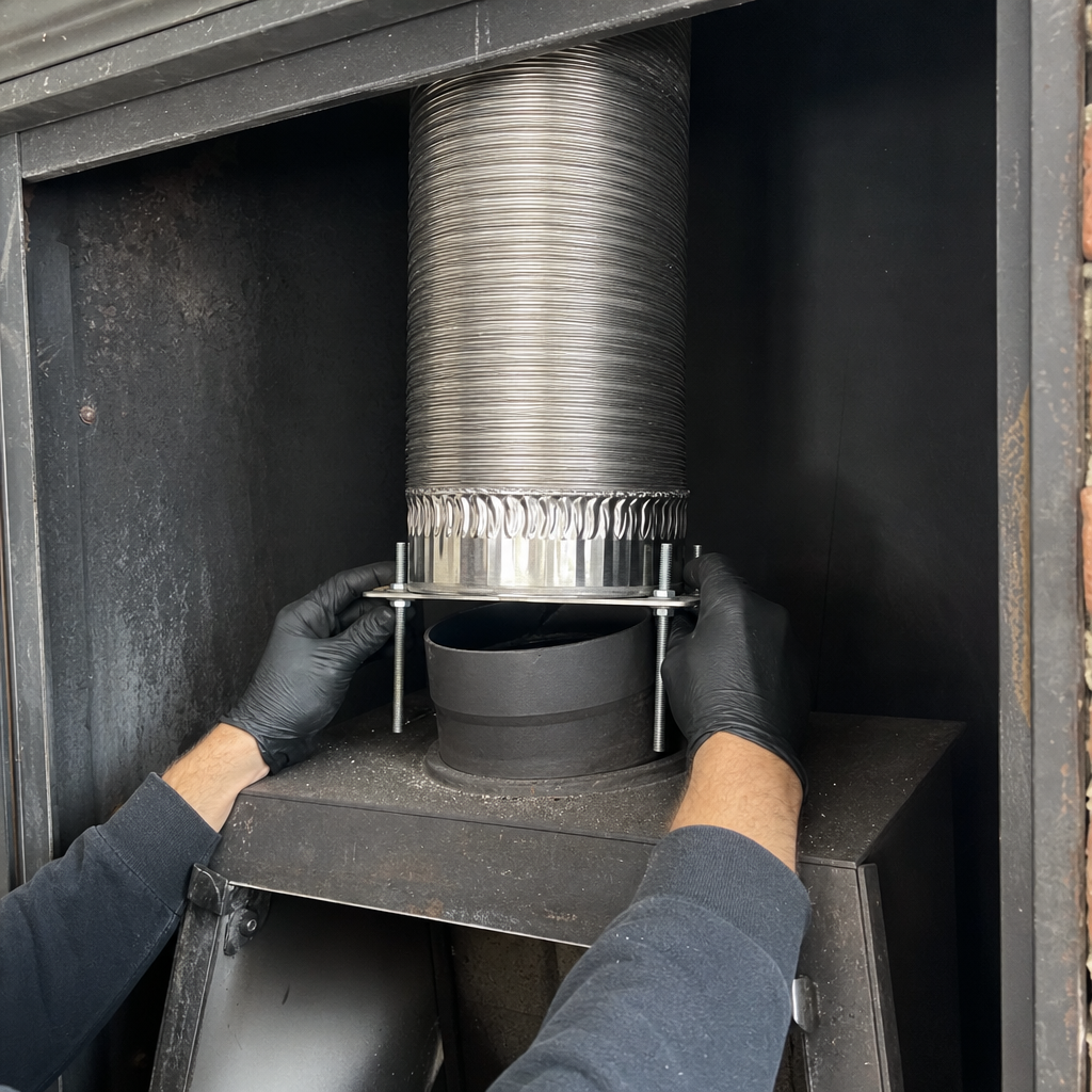 Professional installer connecting stainless steel chimney liner to fireplace flue in Webster, NY