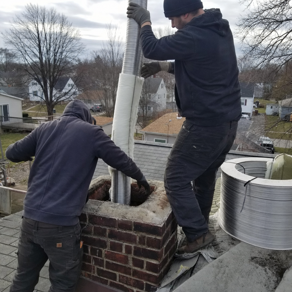 Technicians installing insulated chimney liner into a brick chimney in Newark, NY