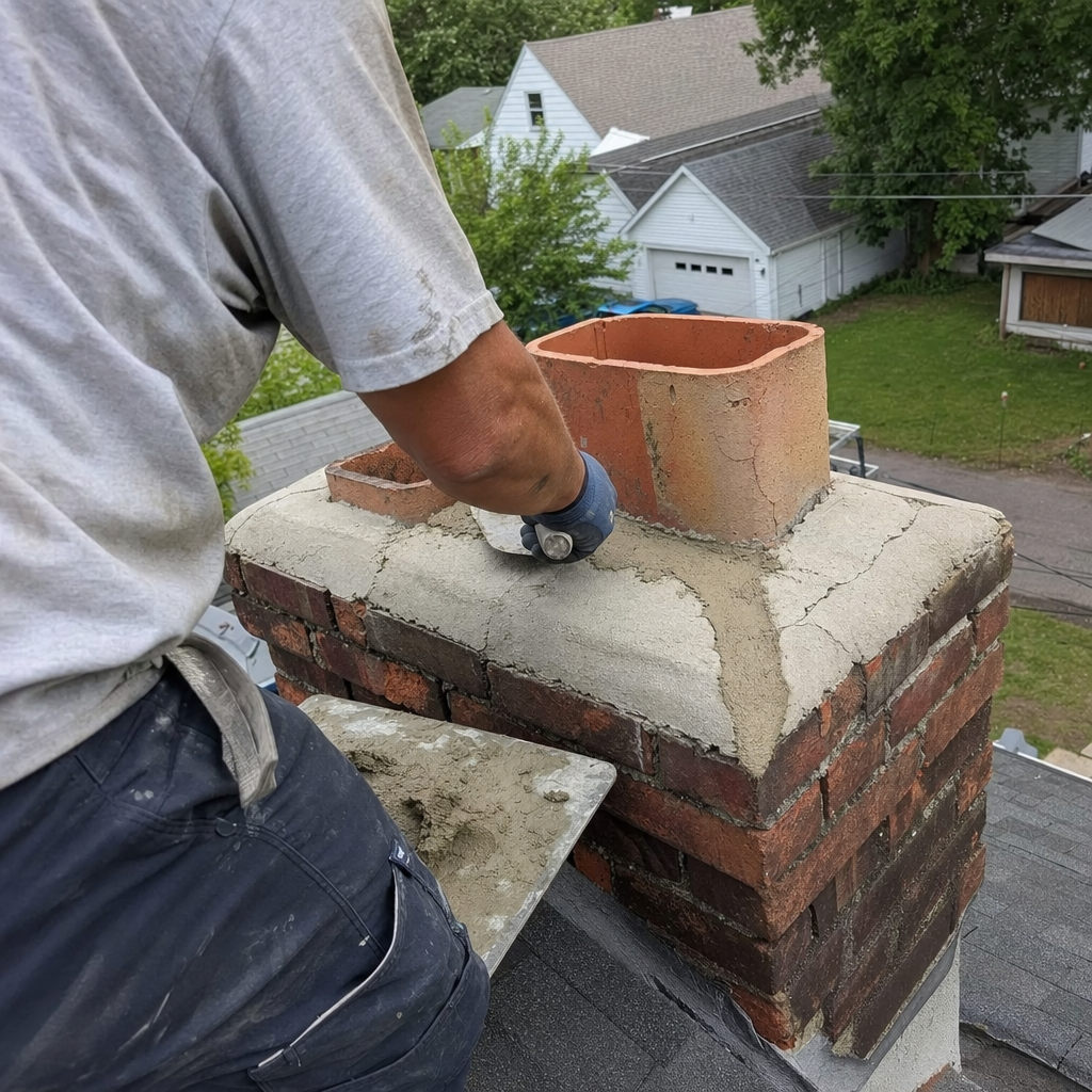 Professional technician performing chimney crown repair and mortar maintenance in Rochester, NY