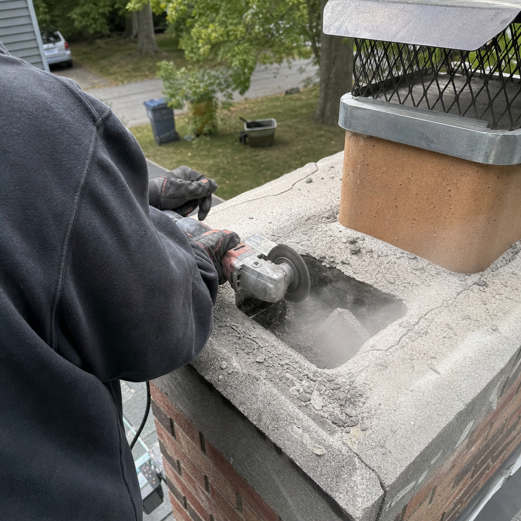 Professional technician repairing a damaged brick chimney crown in Brockport, NY