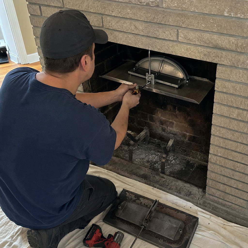 Technician installing a stainless steel fireplace damper into a brick chimney in Webster, NY