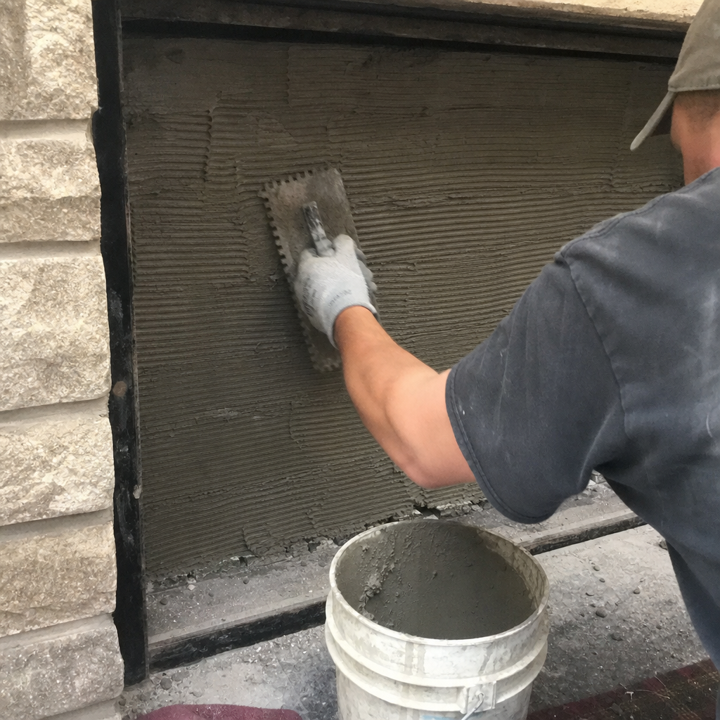 Professional contractor applying mortar to a fireplace wall with a trowel in Canandaigua, NY