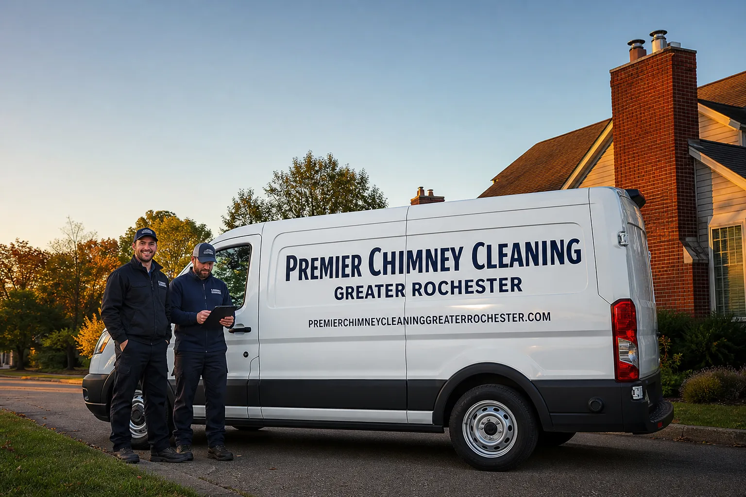 Premier Chimney Cleaning Greater Rochester service vehicle and crew in Rochester, NY